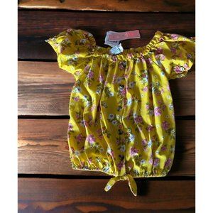 Girls Yellow Short Sleeves Floral Faux Button Up & Tie Peasant Blouse Size 14-16